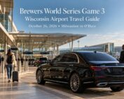 Brewers World Series Game 3 car service featuring a black 2026 Mercedes-Benz S-Class dropping off Wisconsin baseball fans at Chicago O'Hare Airport.