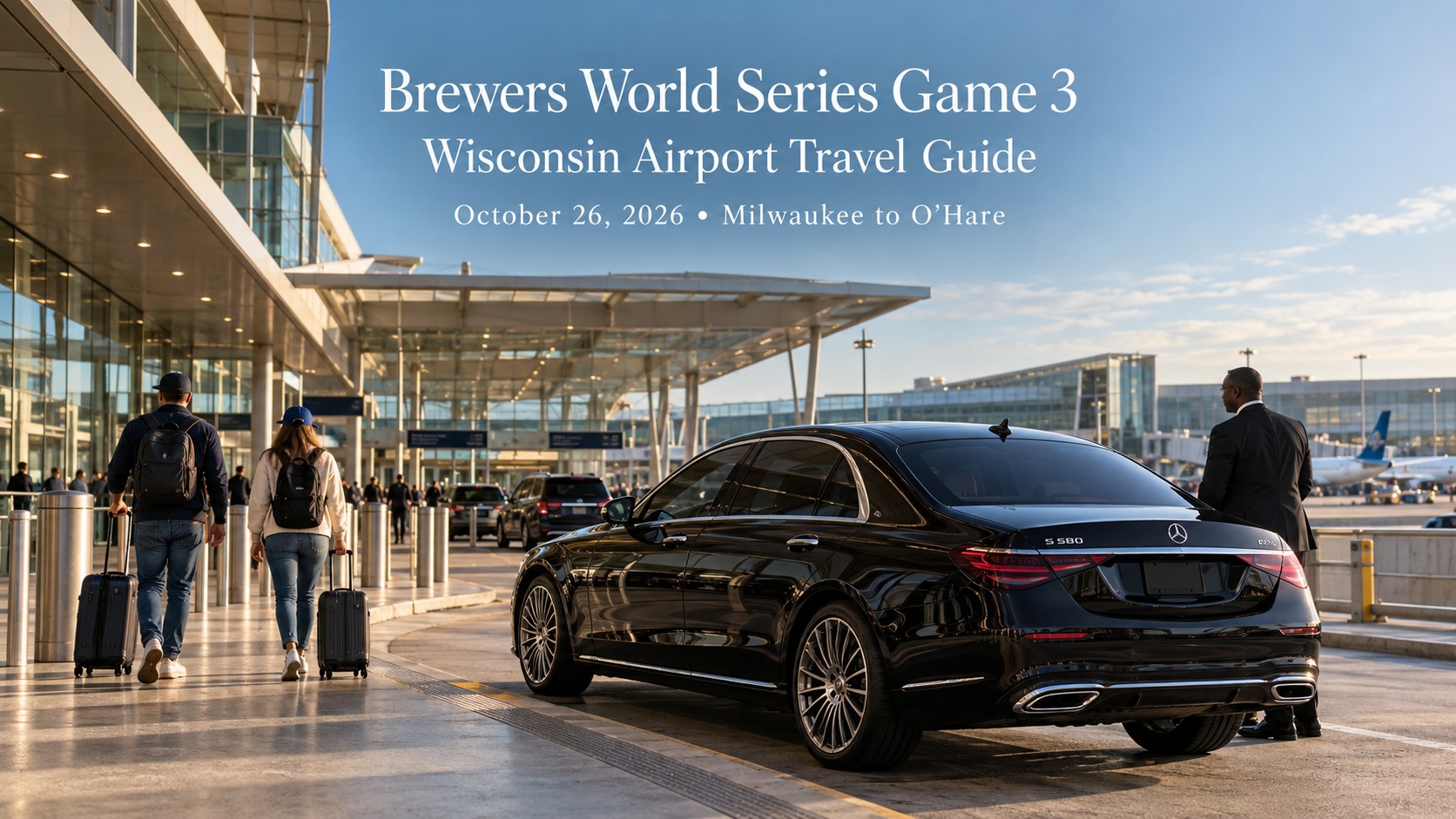 Brewers World Series Game 3 Car Service Guide 2026 Brewers World Series Game 3 car service featuring a black 2026 Mercedes-Benz S-Class dropping off Wisconsin baseball fans at Chicago O'Hare Airport.