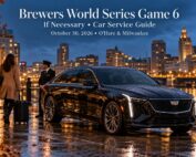Brewers World Series Game 6 car service featuring a black 2026 Cadillac CT5 on Milwaukee's riverfront for a possible October 30 airport transfer.