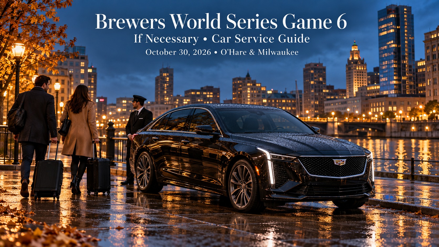 Brewers World Series Game 6 car service featuring a black 2026 Cadillac CT5 on Milwaukee's riverfront for a possible October 30 airport transfer.
