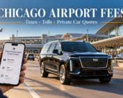 Chicago airport fees guide with a private luxury SUV and transportation quote showing taxes and tolls