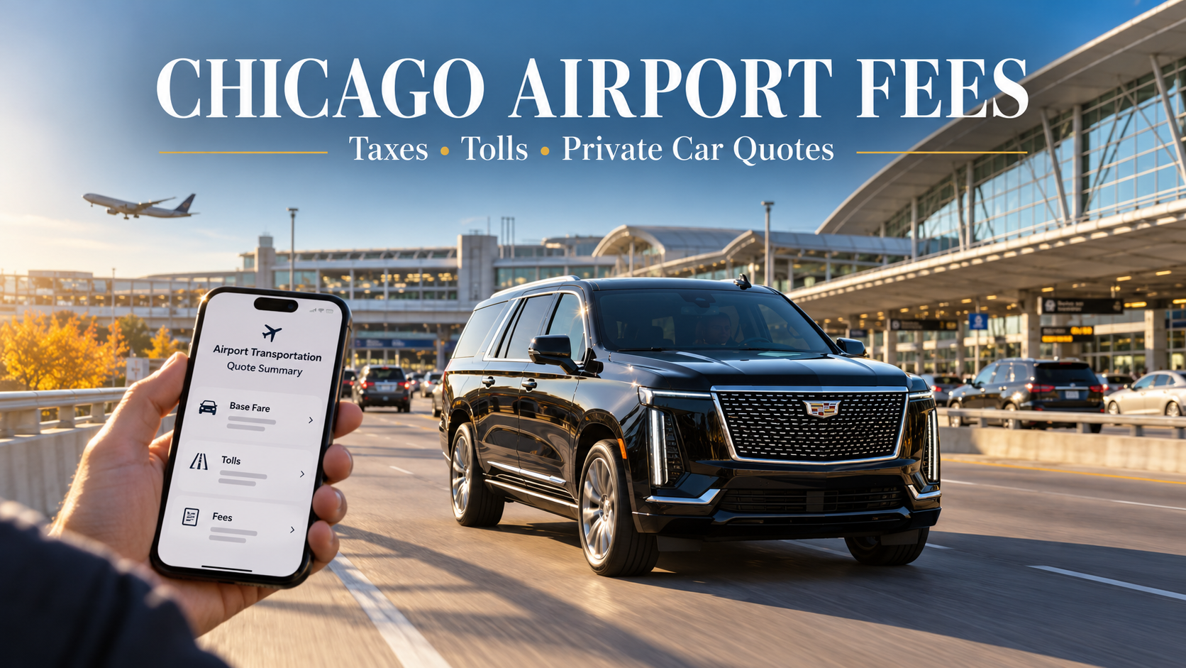 Chicago airport fees guide with a private luxury SUV and transportation quote showing taxes and tolls