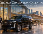 Black Cadillac Escalade and executive Sprinter outside a Chicago convention center as conference attendees review their event itinerary.
