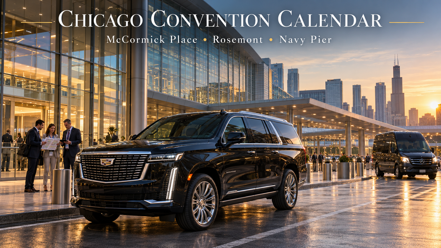Black Cadillac Escalade and executive Sprinter outside a Chicago convention center as conference attendees review their event itinerary.
