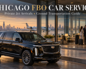 Black 2026 Cadillac Escalade ESV outside a Chicago private aviation terminal as executives coordinate onward ground transportation inside.