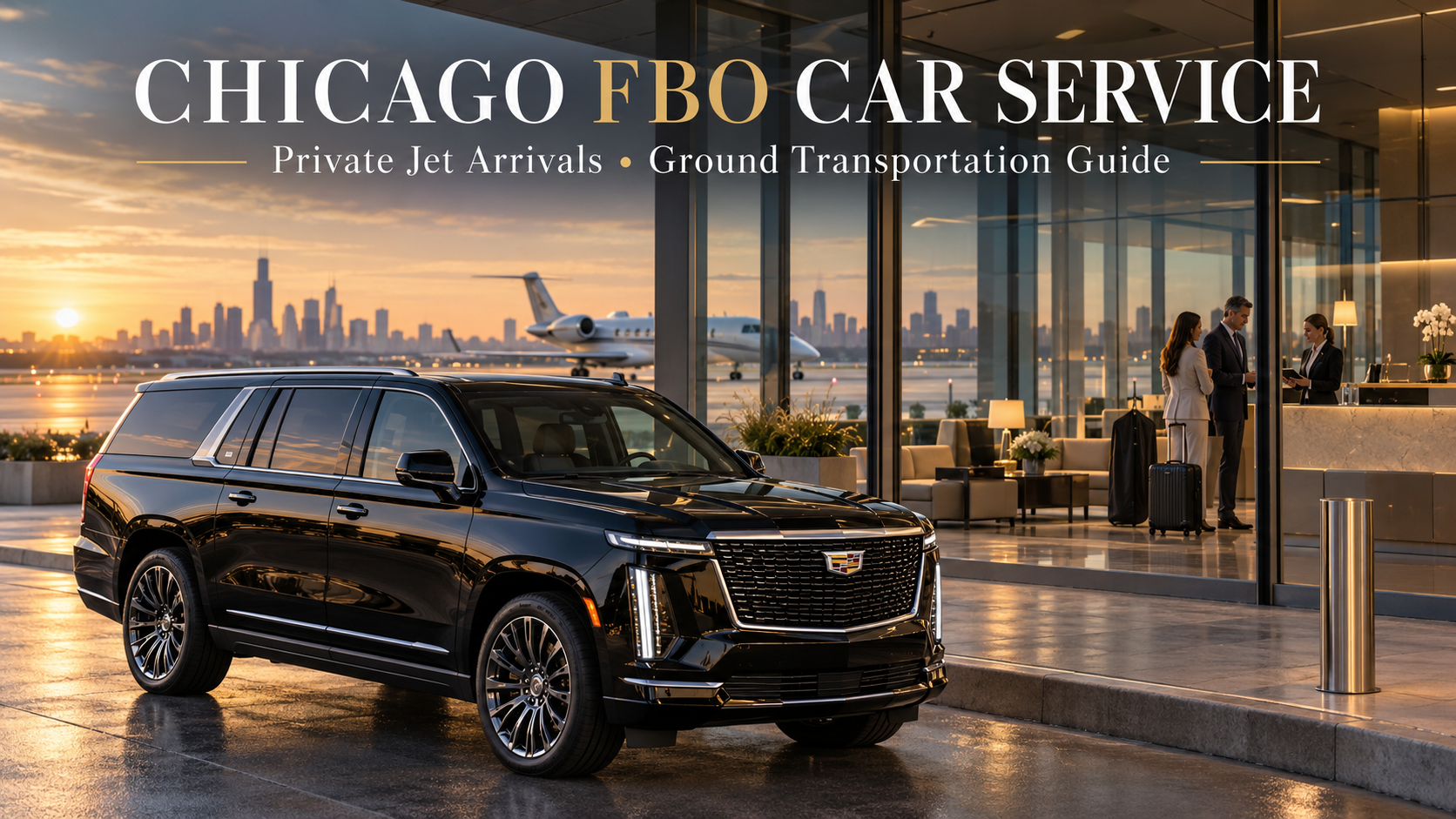 Black 2026 Cadillac Escalade ESV outside a Chicago private aviation terminal as executives coordinate onward ground transportation inside.