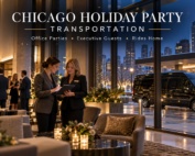 Event coordinator reviewing holiday guest transportation inside an upscale Chicago hotel, with a black executive Sprinter outside.