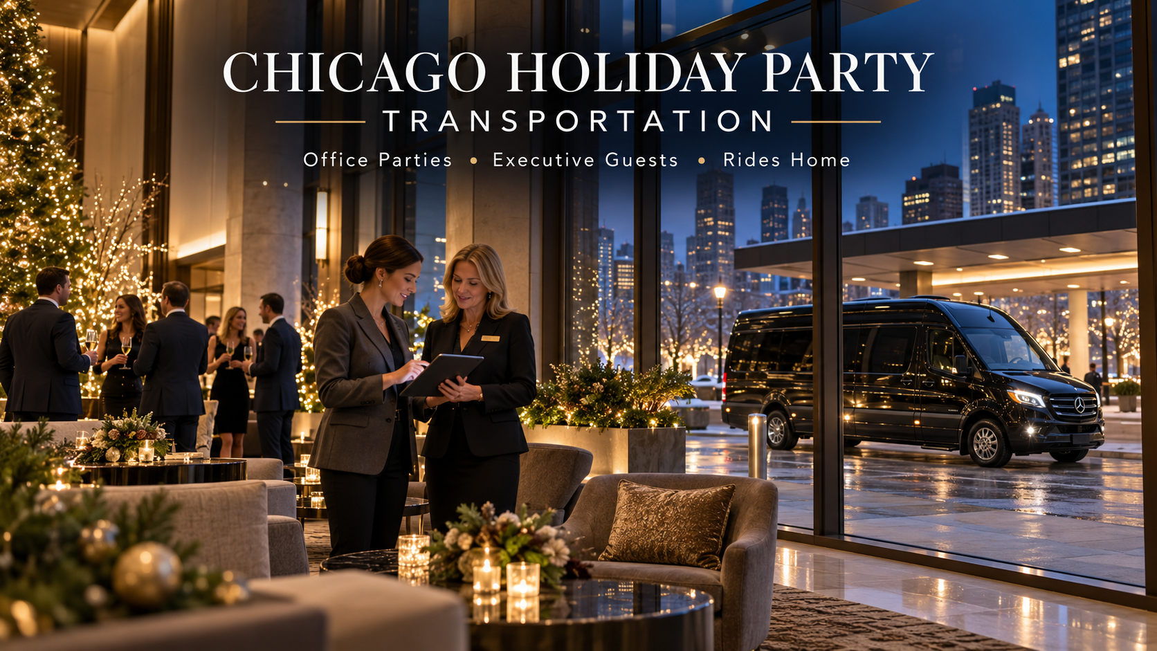 Event coordinator reviewing holiday guest transportation inside an upscale Chicago hotel, with a black executive Sprinter outside.