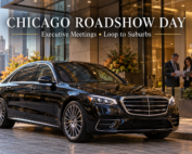 Black 2026 Mercedes-Benz S-Class outside a Chicago office building as executives review a multi-stop meeting itinerary.