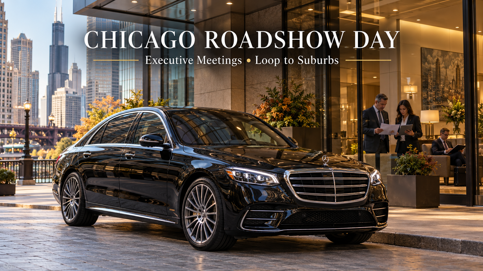 Black 2026 Mercedes-Benz S-Class outside a Chicago office building as executives review a multi-stop meeting itinerary.