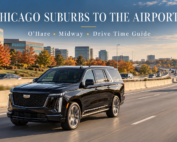 Chicago suburbs to O'Hare and Midway drive times guide featuring a black Cadillac Escalade on a suburban Chicago expressway