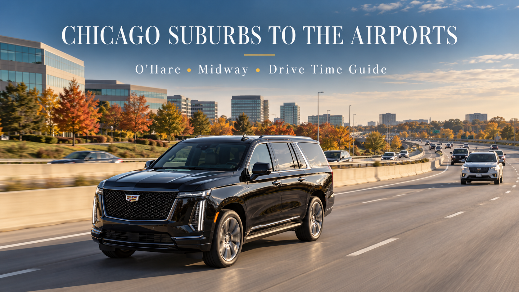Chicago suburbs to O'Hare and Midway drive times guide featuring a black Cadillac Escalade on a suburban Chicago expressway