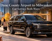 Dane County Airport to Milwaukee car service both ways featuring a black 2026 Chevrolet Suburban High Country near the Baird Center in downtown Milwaukee.