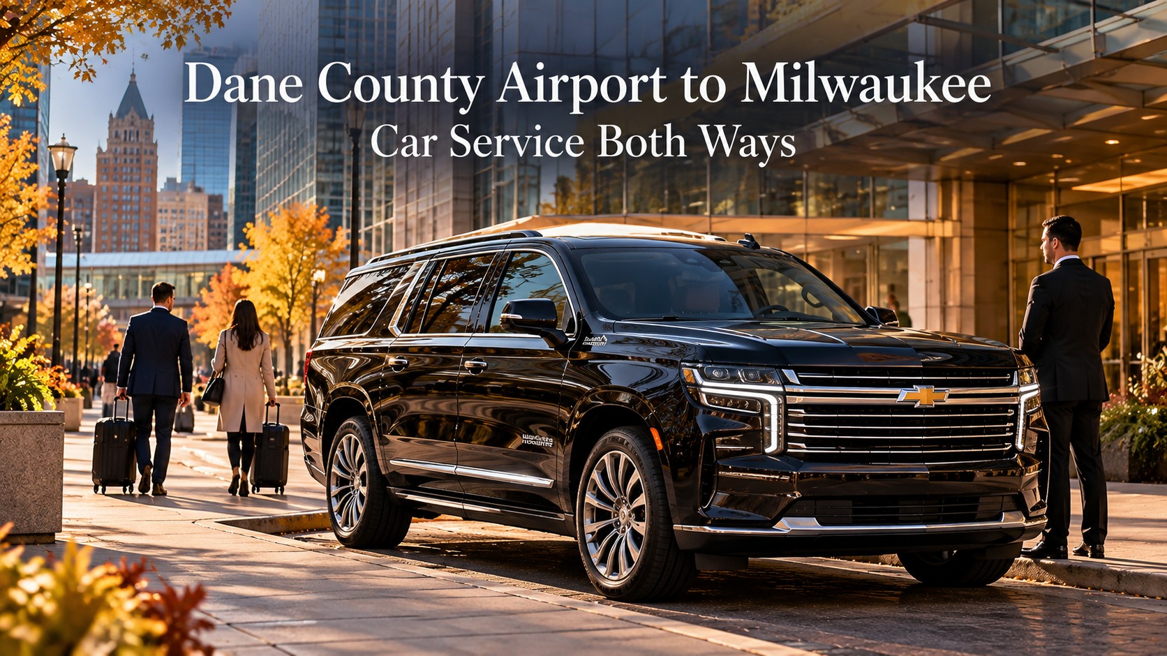 Dane County Airport to Milwaukee car service both ways featuring a black 2026 Chevrolet Suburban High Country near the Baird Center in downtown Milwaukee.
