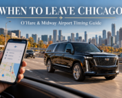 Downtown Chicago to O'Hare time guide featuring a black luxury SUV traveling from the Loop toward the airport