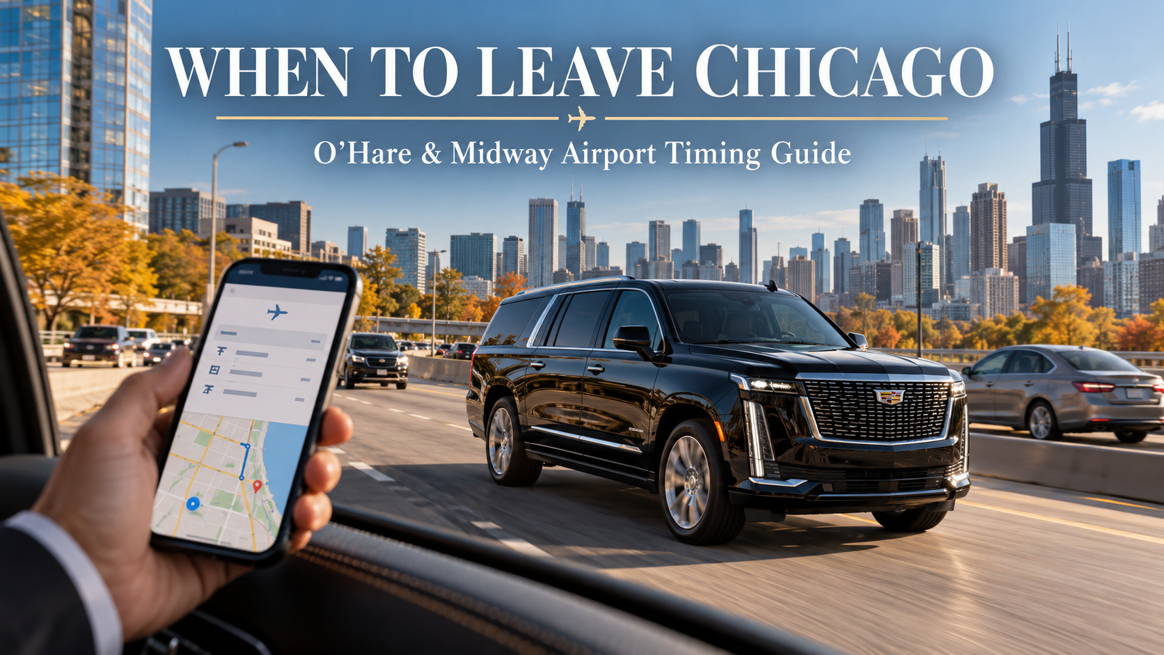Downtown Chicago to O'Hare time guide featuring a black luxury SUV traveling from the Loop toward the airport