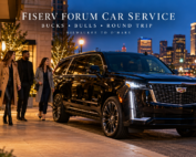 Black Cadillac Escalade picking up a small group in Milwaukee for round-trip car service to Fiserv Forum for the Bucks and Bulls game.