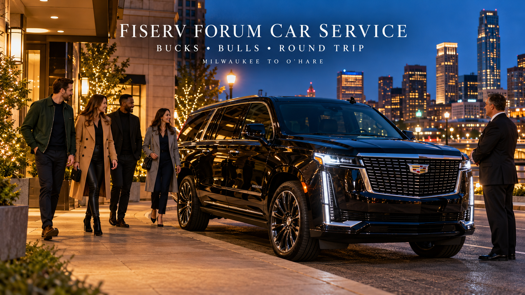 Black Cadillac Escalade picking up a small group in Milwaukee for round-trip car service to Fiserv Forum for the Bucks and Bulls game.