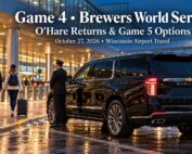 Game 4 Brewers World Series travel guide featuring a black 2026 Chevrolet Suburban High Country at Chicago O'Hare for Wisconsin return transportation.