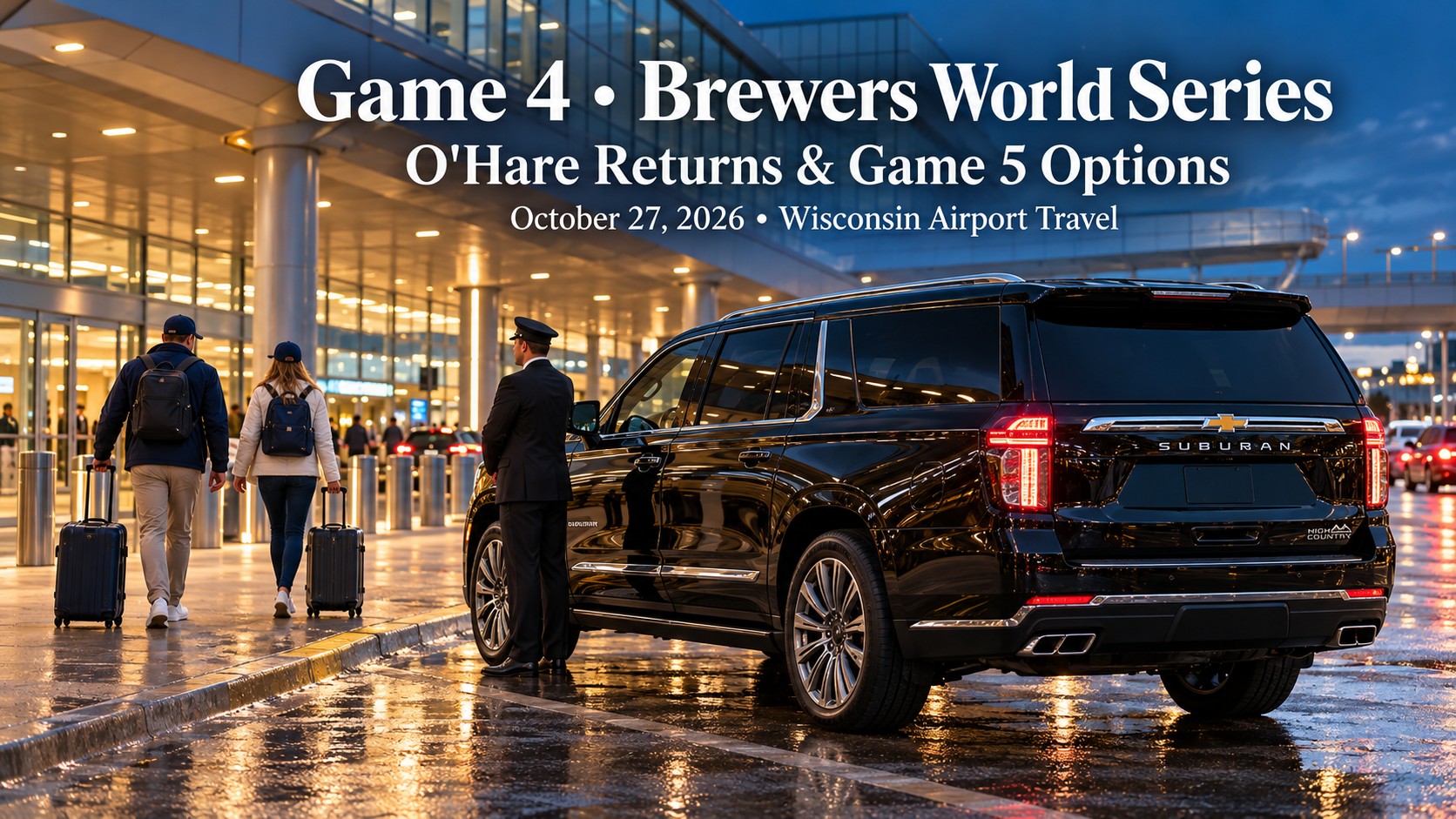 Game 4 Brewers World Series travel guide featuring a black 2026 Chevrolet Suburban High Country at Chicago O'Hare for Wisconsin return transportation.