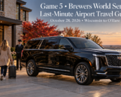 Game 5 Brewers World Series last-minute travel featuring a black 2026 Cadillac Escalade ESV preparing for an early airport departure from Milwaukee.