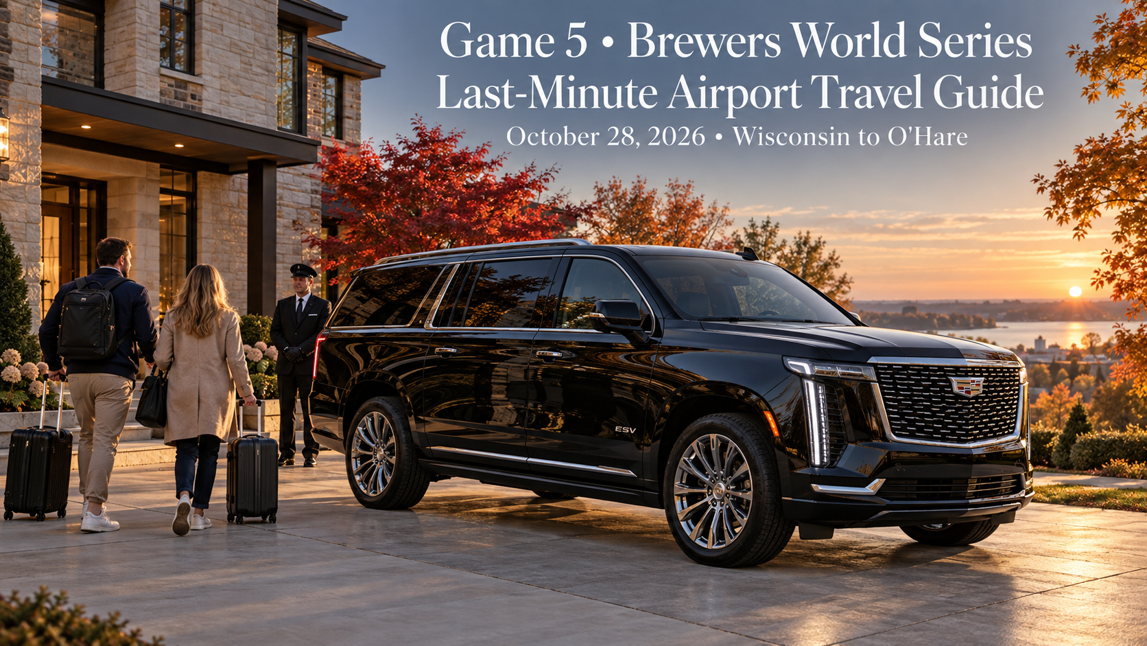 Game 5 Brewers World Series last-minute travel featuring a black 2026 Cadillac Escalade ESV preparing for an early airport departure from Milwaukee.