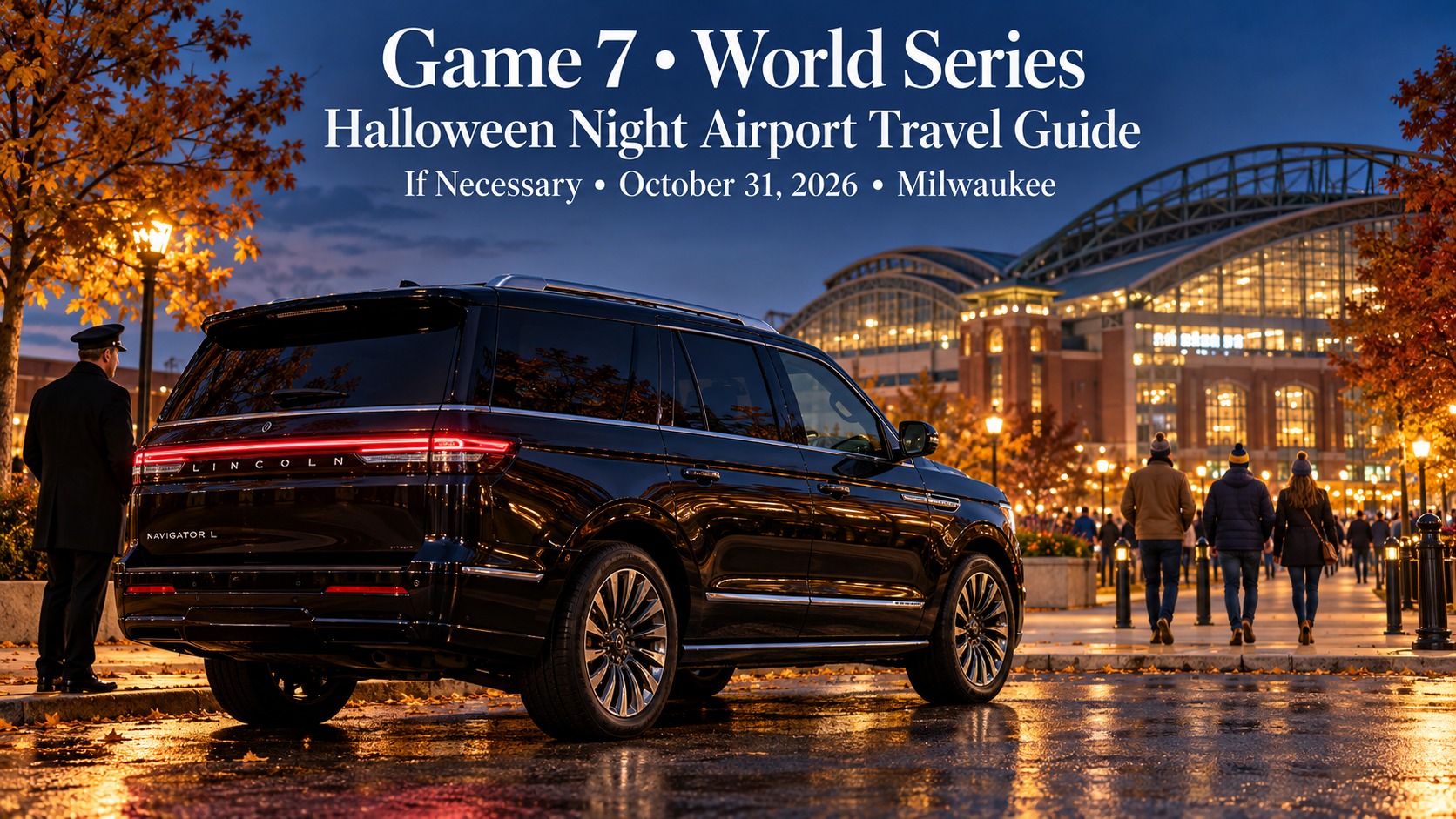 Game 7 Milwaukee World Series airport travel featuring a black 2026 Lincoln Navigator L near American Family Field on Halloween night.