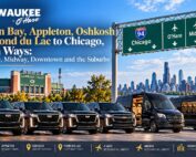 Milwaukee to O’Hare black luxury SUVs and Mercedes Sprinter vans with a Green Bay stadium in the background, an I-94 Chicago highway sign and the Chicago skyline, for car service from Green Bay, Appleton, Oshkosh and Fond du Lac to Chicago both ways