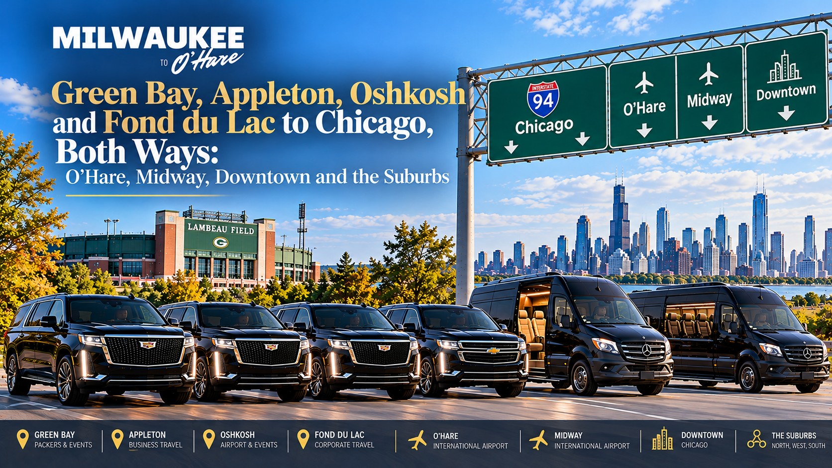Milwaukee to O’Hare black luxury SUVs and Mercedes Sprinter vans with a Green Bay stadium in the background, an I-94 Chicago highway sign and the Chicago skyline, for car service from Green Bay, Appleton, Oshkosh and Fond du Lac to Chicago both ways