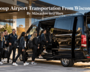 Group airport transportation from Wisconsin, with a black Mercedes Sprinter and chauffeur loading luggage as a team of travelers boards outside a suburban building