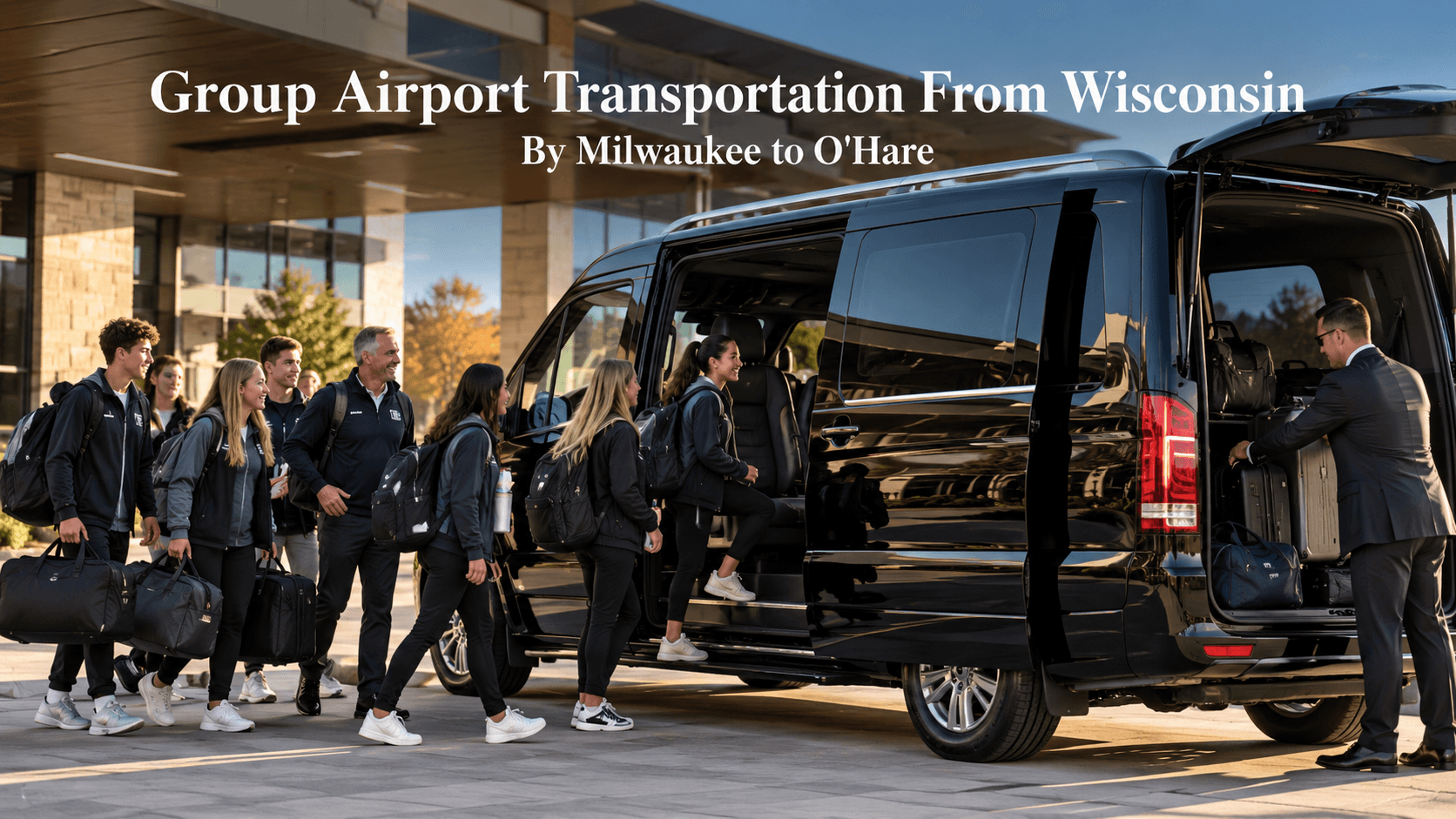 Group Airport Transportation From Wisconsin Group airport transportation from Wisconsin, with a black Mercedes Sprinter and chauffeur loading luggage as a team of travelers boards outside a suburban building