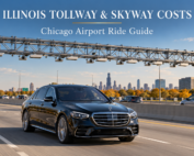 Illinois Tollway costs guide showing a black Mercedes-Benz S-Class passing beneath electronic toll equipment near Chicago