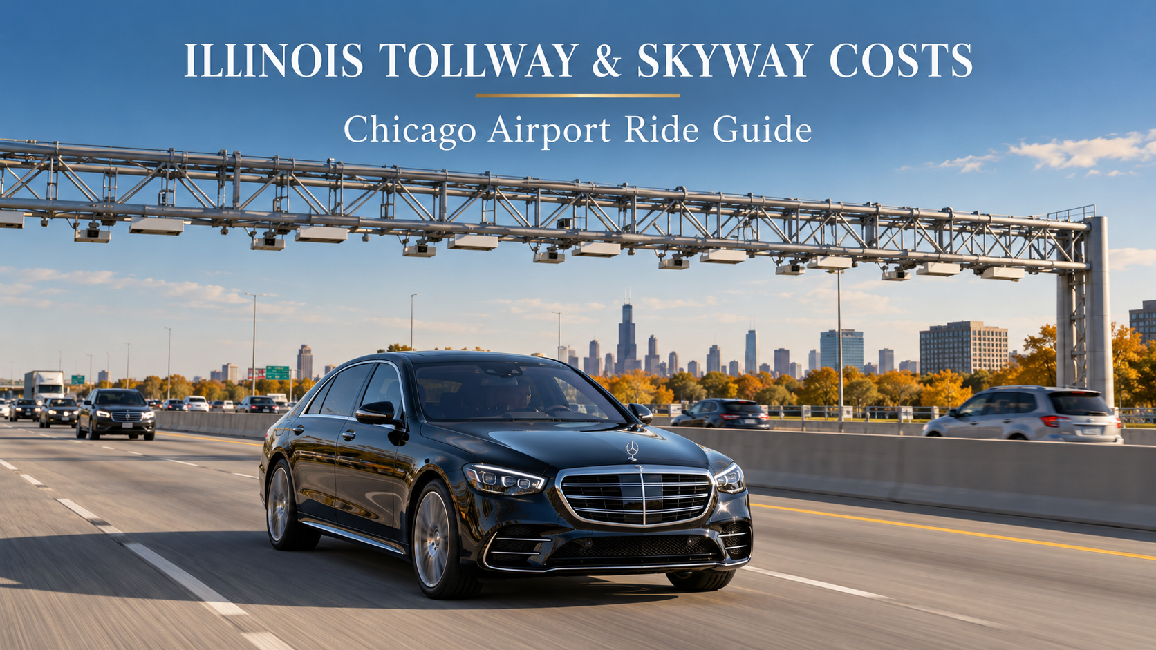 Illinois Tollway costs guide showing a black Mercedes-Benz S-Class passing beneath electronic toll equipment near Chicago