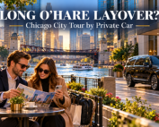 Travelers reviewing a Chicago sightseeing itinerary beside the Riverwalk, with a black Lincoln Navigator available for their O’Hare layover tour.