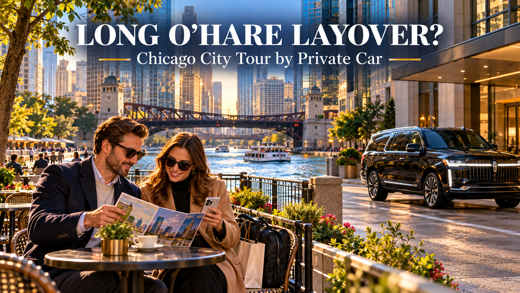 Travelers reviewing a Chicago sightseeing itinerary beside the Riverwalk, with a black Lincoln Navigator available for their O’Hare layover tour.
