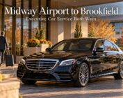 Midway Airport to Brookfield car service both ways featuring a black 2026 Mercedes-Benz S-Class sedan outside a Brookfield business hotel.
