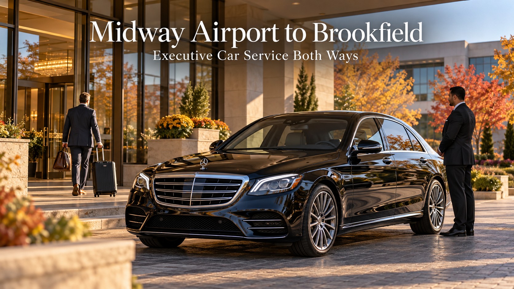 Midway Airport to Brookfield car service both ways featuring a black 2026 Mercedes-Benz S-Class sedan outside a Brookfield business hotel.