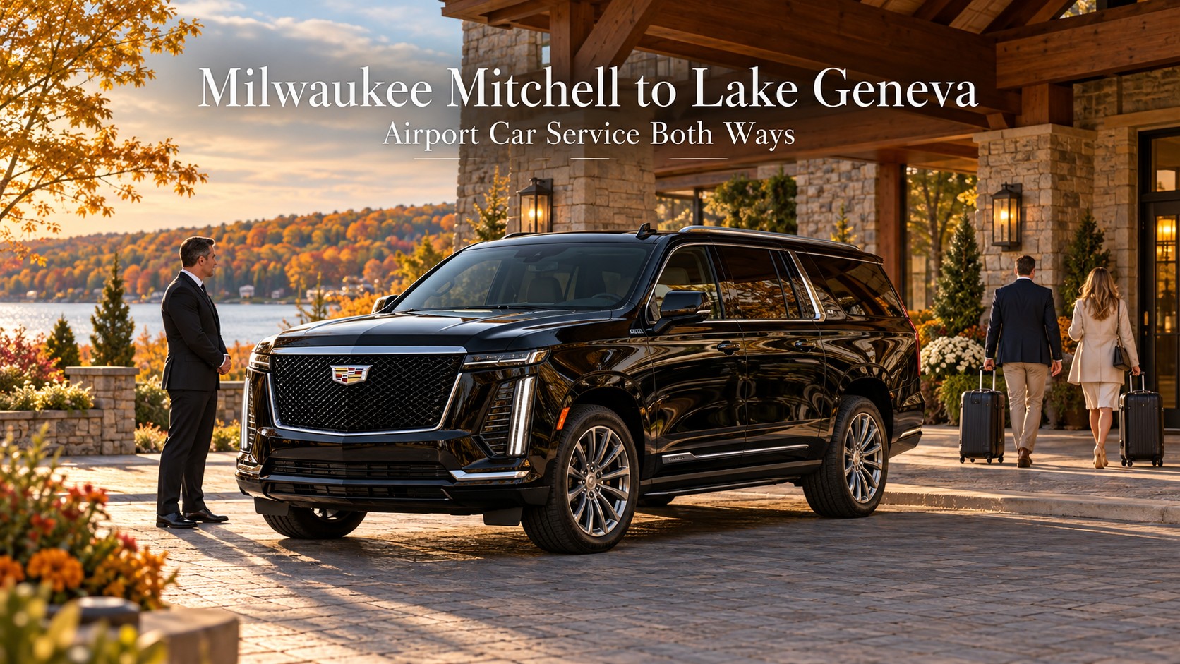 Milwaukee Mitchell to Lake Geneva car service both ways featuring a black 2026 Cadillac Escalade ESV at a luxury Wisconsin resort.