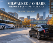 Milwaukee to O'Hare bus vs private car service comparison featuring an airport coach and black Cadillac CT5 near Milwaukee Intermodal Station.