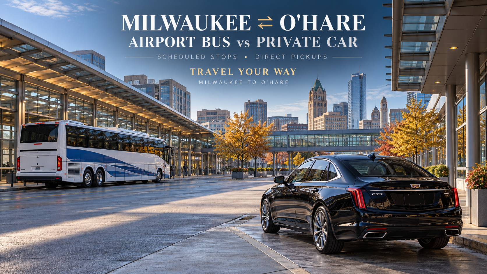 Milwaukee to O'Hare bus vs private car service comparison featuring an airport coach and black Cadillac CT5 near Milwaukee Intermodal Station.
