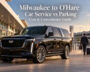 Milwaukee to O'Hare car service vs parking comparison featuring a black 2026 Cadillac Escalade ESV at Chicago O'Hare Airport with a parking garage in the background.