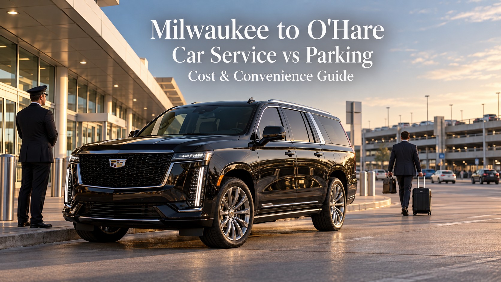 Milwaukee to O’Hare Car Service vs Parking Guide Milwaukee to O'Hare car service vs parking comparison featuring a black 2026 Cadillac Escalade ESV at Chicago O'Hare Airport with a parking garage in the background.