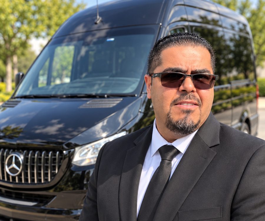 Khaled A. — Owner & Professional Chauffeur Khaled A., owner and professional chauffeur of Milwaukee to O'Hare, beside a black luxury SUV
