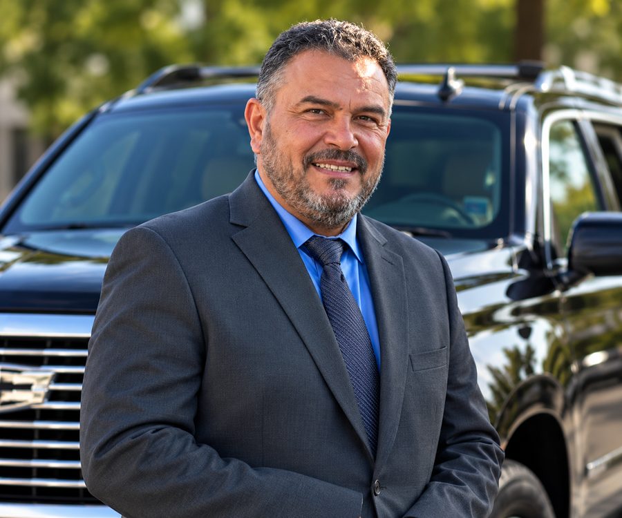 Murad M. — Professional Chauffeur Murad M., professional chauffeur with Milwaukee to O'Hare, in a suit beside a black SUV