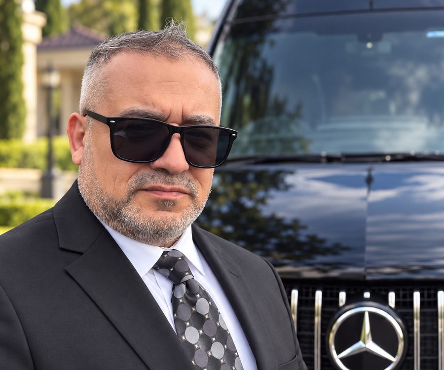 Reyadh H. — Professional Chauffeur Reyadh H., professional chauffeur with Milwaukee to O'Hare, in front of a black Mercedes-Benz