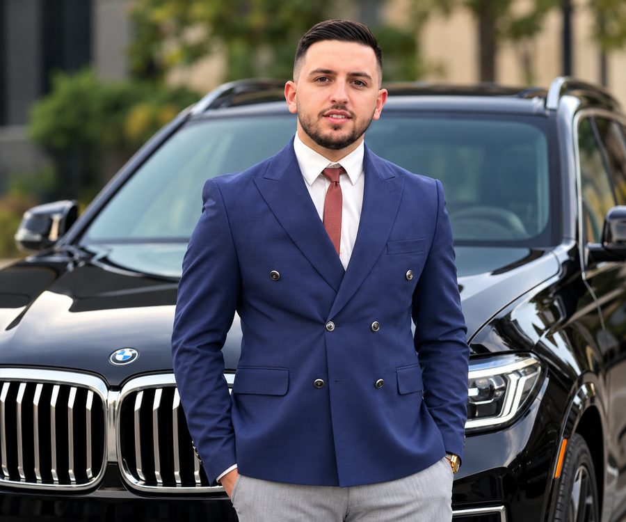Watheq J. — Professional Chauffeur Watheq J., professional chauffeur with Milwaukee to O'Hare, standing beside a black luxury vehicle