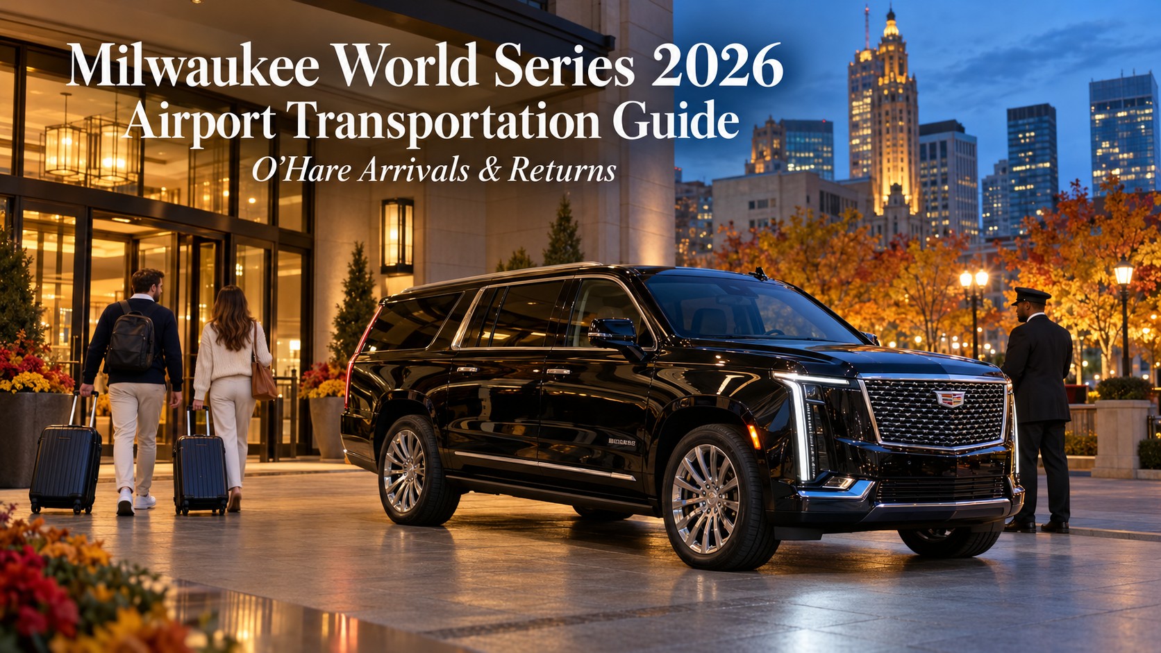 Milwaukee World Series airport transportation featuring a black 2026 Cadillac Escalade ESV outside a downtown Milwaukee hotel for O'Hare airport visitors.