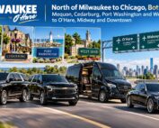 Milwaukee to O’Hare black luxury SUVs, Mercedes Sprinter van and sedan on the highway with Mequon, Cedarburg, Port Washington and West Bend town signs, O’Hare, Midway and Downtown Chicago highway signs, and the Chicago skyline, for car service north of Milwaukee to Chicago both ways