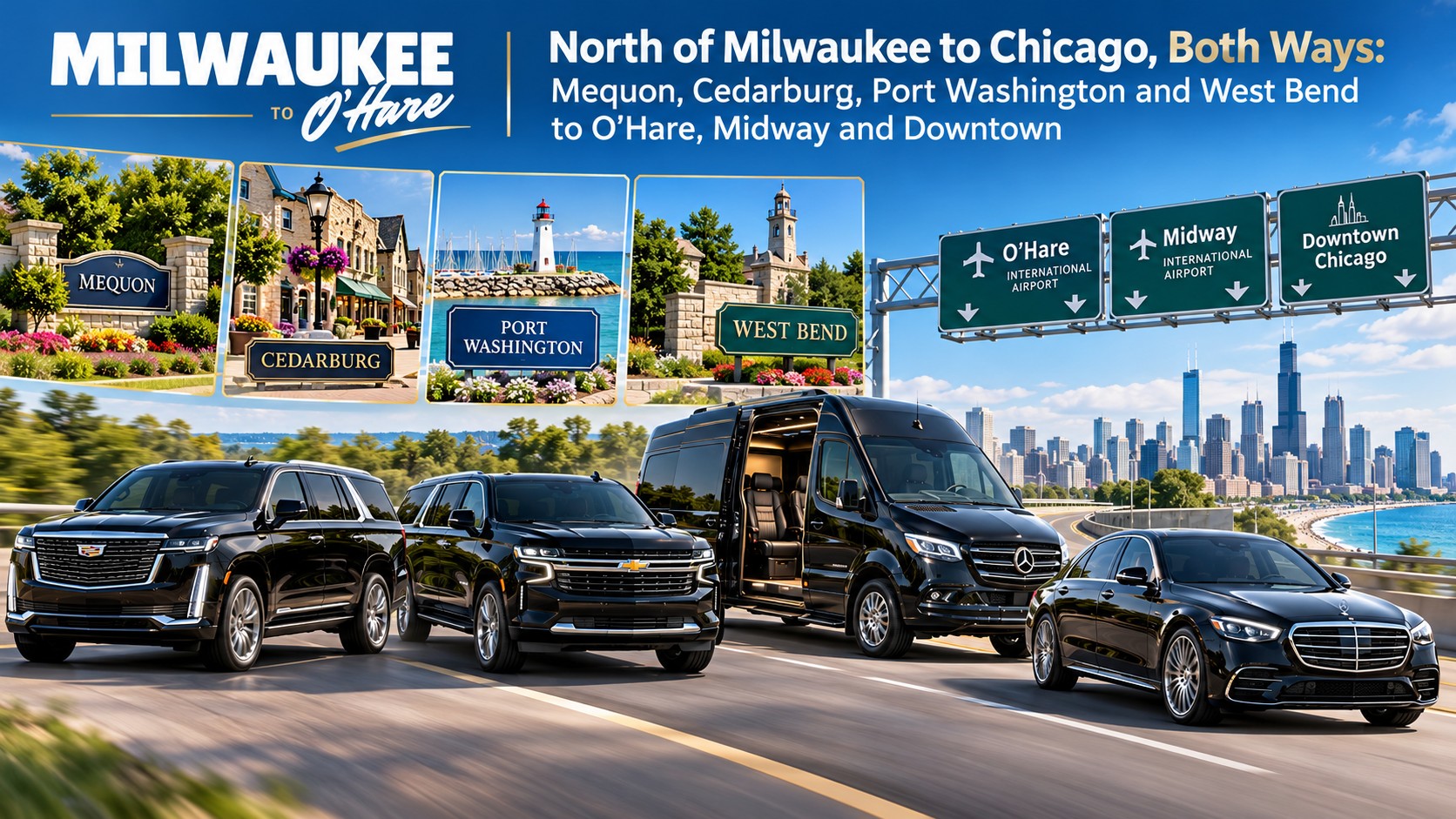 Milwaukee to O’Hare black luxury SUVs, Mercedes Sprinter van and sedan on the highway with Mequon, Cedarburg, Port Washington and West Bend town signs, O’Hare, Midway and Downtown Chicago highway signs, and the Chicago skyline, for car service north of Milwaukee to Chicago both ways