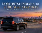 Northwest Indiana to O'Hare and Midway airport car service guide with a black Chevrolet Suburban traveling toward Chicago at sunrise